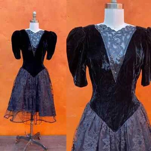 Vintage 1980s Black Velvet Dress Victorian Party Prom Formal Gown Goth - Picture 1 of 6