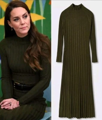 Vestido Ex Con Mango Perkins XL Reino Unido 14 Estados Unidos 10 Caqui Verde Acanalado Tejido Kate Middleton Foto 1 de 4