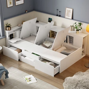 Multifunctional Wooden Single Bed Frame with Storage Space for Adults, Teenagers - Picture 1 of 9