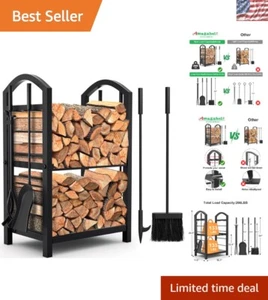 Indoor & Outdoor Log Rack with Elegant Toolset - Wrought Iron Fireplace Solution - Picture 1 of 10