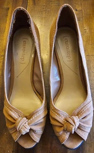 EUROSTEP JULIANA WOMENS SZ 7M-TAN SUEDE OPEN TOE 2.25" HEELS SHOES-EXCELLENT! - Picture 1 of 4
