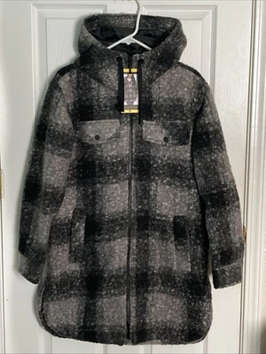 Weatherproof Women's Soft Boucle Hooded Long Jacket Black Plaid Long Coat Zip Sm - Image 1 of 4