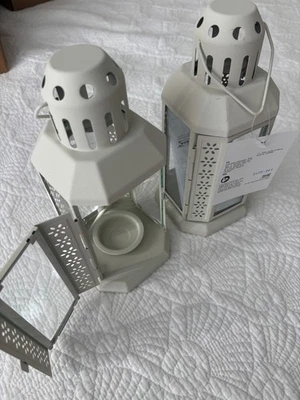 Ikea Enrum -  (2) white lace metal tea light lantern 8 3/4" x 4" indoor outdoor - Image 1 of 2