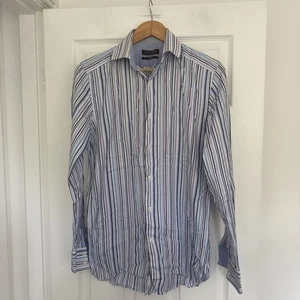 St George by Duffer mens white/blue striped long sleeve slim fit shirt 15" (M) - Picture 1 of 3