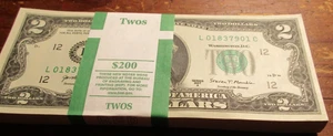 FIVE  Crisp Two Dollar Bills Uncirculated FROM BEP STRAP OF 100 BILLS-$10 FACE - Picture 1 of 2