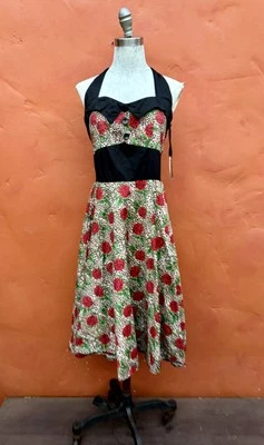 NWT HELL BUNNY VIXEN DRESS HALTER SWING RETRO Pinup Rockabilly ROSE LEOPARD LG - Image 1 of 4
