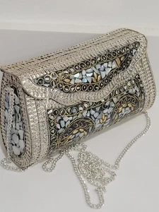 NWT Anthropologie ANTIK KRAFT Hard Shell Brass & Mother of Pearl Mosaic Handbag - Picture 1 of 19