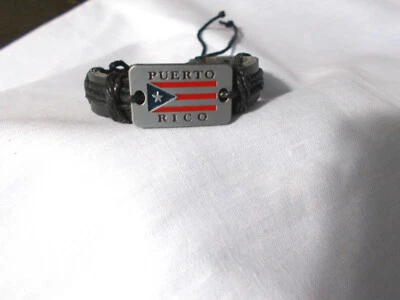 BLACK LEATHER PUERTO RICO METAL FLAG w TEXT SOLID BLACK CORD ADJ BRACELET - Image 1 of 3