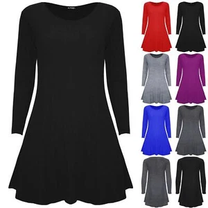 Womens Ladies Smock Ribbed Long Sleeve Stretchy A-Line Swing Flared Mini Dress - Picture 1 of 13