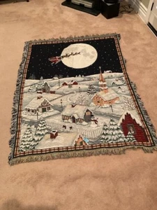 Gorgeous Holiday Winter Scene Handwoven 49" x 66" Fringed Throw - Picture 1 of 6