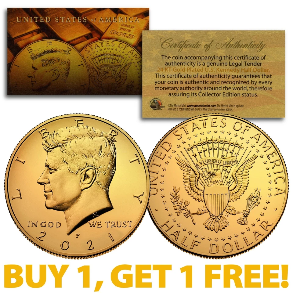 2021-P 24K GOLD Gilded JFK Kennedy Half Dollar Coin (P Mint) BUY 1 GET 1 FREE - Image 1 of 1