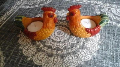 Set Of 2 Painted Pottery Roosters Tealight Candles - Image 1 of 4
