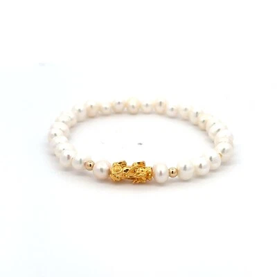 18K Gold Dragon Pixiu Piyao Lucky Charm Bead Bracelet Freshwater Pearl 6mm x 5mm - Image 1 of 4