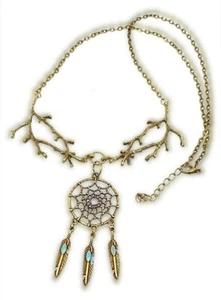 Dreamcatcher Necklace Pendant Bronzed Chain American Indian Turquoise Feathers. - Picture 1 of 12