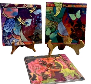 Joyce McAdams Signed Wall Tile Art Set Of 3 8x8" Square Butterfly Dragonfly Arc - Picture 1 of 24