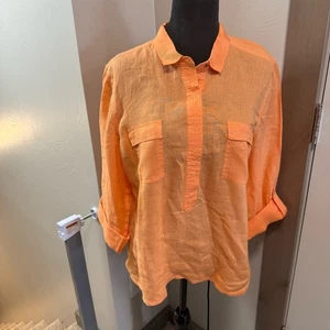 Blusa Chico's 100% Lino Popover Cuello Albaricoque Naranja Manga Larga Botón L - Imagen 1 de 5
