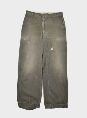 Vintage 60s Pants 32x30 Olive Canvas Faded Distressed Workwear Gripper Zipper - Image 1 of 4