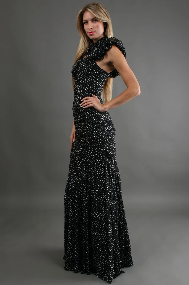 NEW ADRIANNA PAPELL Tulle Polka Dot RUFFLE DRESS GOWN Size 10  $300 BLACK WHITE - Image 1 of 1