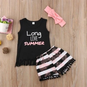 Toddler Infant Baby Girls Sleeveless Tank Tops Striped Shorts Headband Clothes - Picture 1 of 7