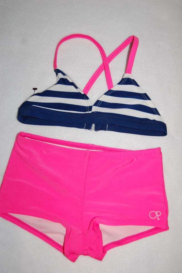 Girls TWO PIECE Swimsuit HOT PINK BOY SHORTS Navy Blue White Stripe Top XS 4-5 - Image 1 of 1