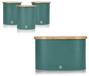 Swan Nordic Green Breadbin & 3 Canisters Matching Kitchen Storage Set - Picture 1 of 12