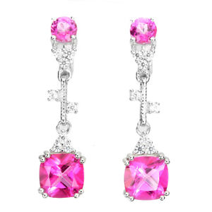 Surface Coated Cushion Pink Topaz 8mm White Topaz 925 Sterling Silver Earrings