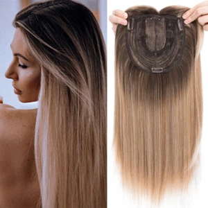 Women's Real As Human Hair Topper Clip In Hairpiece Bangs Silk Base Toupee 18in - Picture 1 of 29