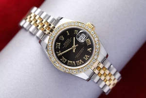 Rolex Datejust 26 mm 179173 Two Tone Ladies Watch Black Dial Diamond Bezel - Picture 1 of 9