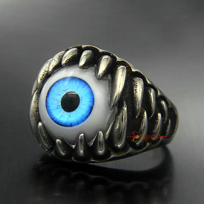 Anillo basculante punk globo ocular malvado punk con garra calavera ojo azul de acero inoxidable para hombre Foto 1 de 4