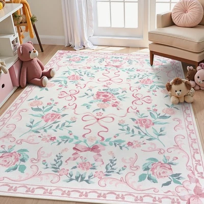 Alfombras florales rosas para dormitorio niña, alfombra infantil con arco de 5x7 para dormitorio lavable son... Foto 1 de 4