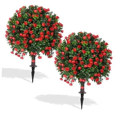 Artificial Boxwood Topiary Ball Trees with 2 Set of 16'' UV Resistant Red Rose - Image 1 of 4