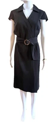 Vestido negro Tahari ASL para mujer talla 6 cinturón ancho funda cuello en V forrado $128 Foto 1 de 4