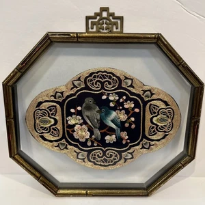 Divano vintage cinese filo oro ricamo fiori di ciliegio uccellini incorniciato bambù - Foto 1 di 19