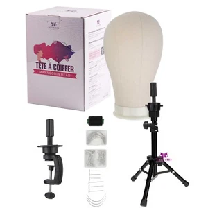 Wig Cork Canvas Block Head with Mannequin Head Tripod Stand Holder Stand w/ Pins - Picture 1 of 30