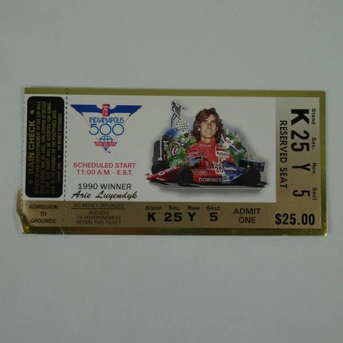 1991 Indy 500 Used Race Ticket Stub Reserved Seat Stand K Sec. 25 Row Y Seat 5 Cover