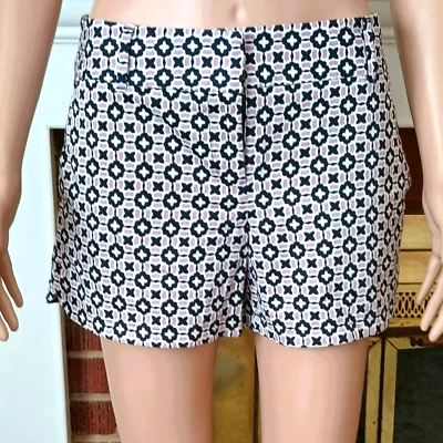 Ann Taylor Riviera Print Chino Shorts. Navy & Purple Pockets Side Slits Stretch - Image 1 of 4
