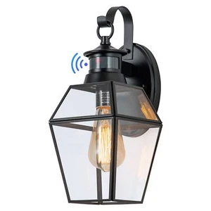 14.5 in. Black Metal and Brass Motion Sensor Dusk to Dawn Outdoor Wall Sconce - Picture 1 of 10