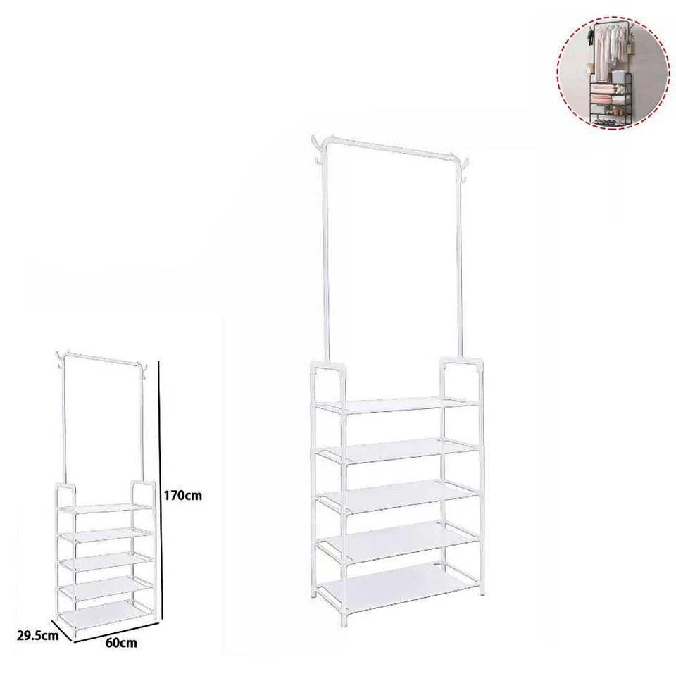 STENDER APPENDIABITI ATTACCAPANNI SCARPIERA 5 RIPIANI CAPPELLIERA METALLO BIANCO - Immagine 1 di 1