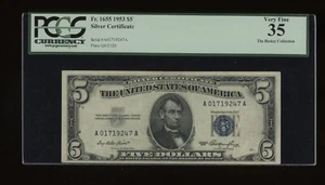 DBR $5 1953 Silver Fr. 1655 AA Block PCGS 35 Serial A01719247A - Picture 1 of 2