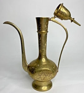 Vintage 12" geätztes Messing Aftaba Ewer Geist Krug Teekanne Klappdeckel Patina Indien - Bild 1 von 12