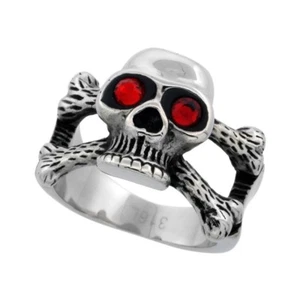 Surgical Steel Biker Skull Ring and Cross Bones Red CZ Eyes 5/8", sizes 9-15 - Picture 1 of 1