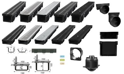 Entwässerungsrinne Bodenrinne Terrassenrinne Höhe 55/105mm Ablauf A15 B125 C250 - Bild 1 von 4