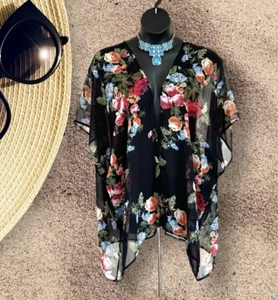 Investments L-XL schwarz/rot Blumen Kimono Badeanzug Cover Up, Schal, Boho. Karte - Bild 1 von 12