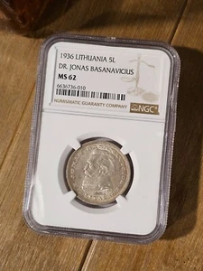 1936 Jonas Basanavičius - NGC MS62 - Lithuania 5 Litai Silver Coin - Picture 1 of 2