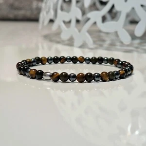 Dreifachschutz Edelstein Armband aus Tigerauge, Obsidian und Hämatit Steine 4mm - Bild 1 von 4
