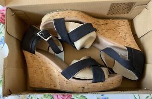 TOMS Boxed Black Strappy Canvas Cork Wedge Summer Sandals Size UK 6