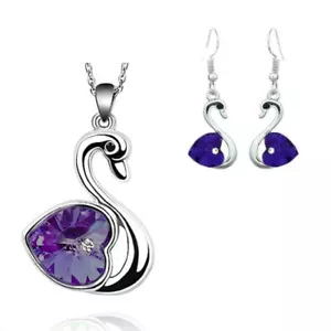 Juego de joyas de cisne púrpura oscuro corazón de cristal amor corazón plata - Imagen 1 de 7