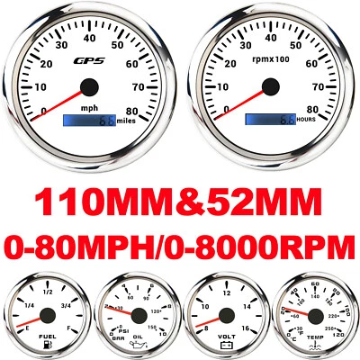 6 Gauge Set White 110mm GPS Speedometer 80MPH Tachometer 8000RPM Gauge for Boat  - Image 1 of 4