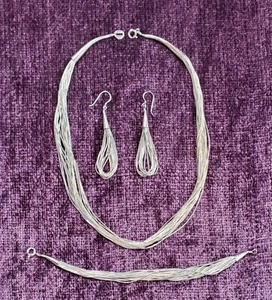 Carolyn Pollack 20 strand liquid silver necklace & bracelet + 10 strand earrings - Picture 1 of 6