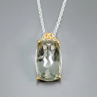 Jewellery 28 ct+ Natural Green Amethyst Necklace 925 Sterling Silver 18"/N27560 - Image 1 of 4